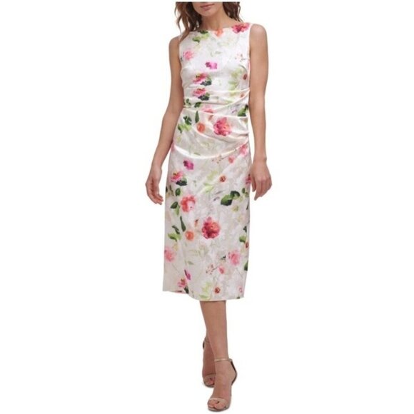 Eliza J Womens Size 10 Cocktail Dress  White Floral Sleeveless Midi Sheath New - Picture 1 of 7